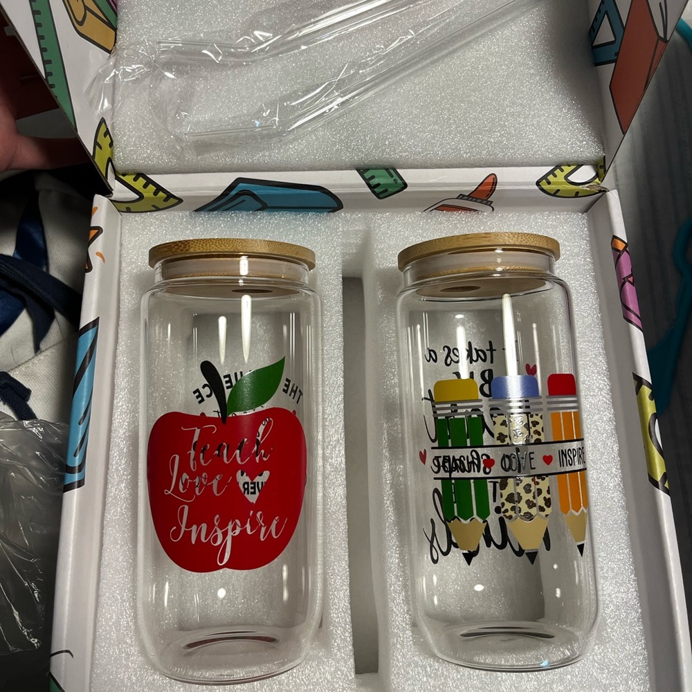 2 New Teacher Glass Cups with Lids & Glass Straws
